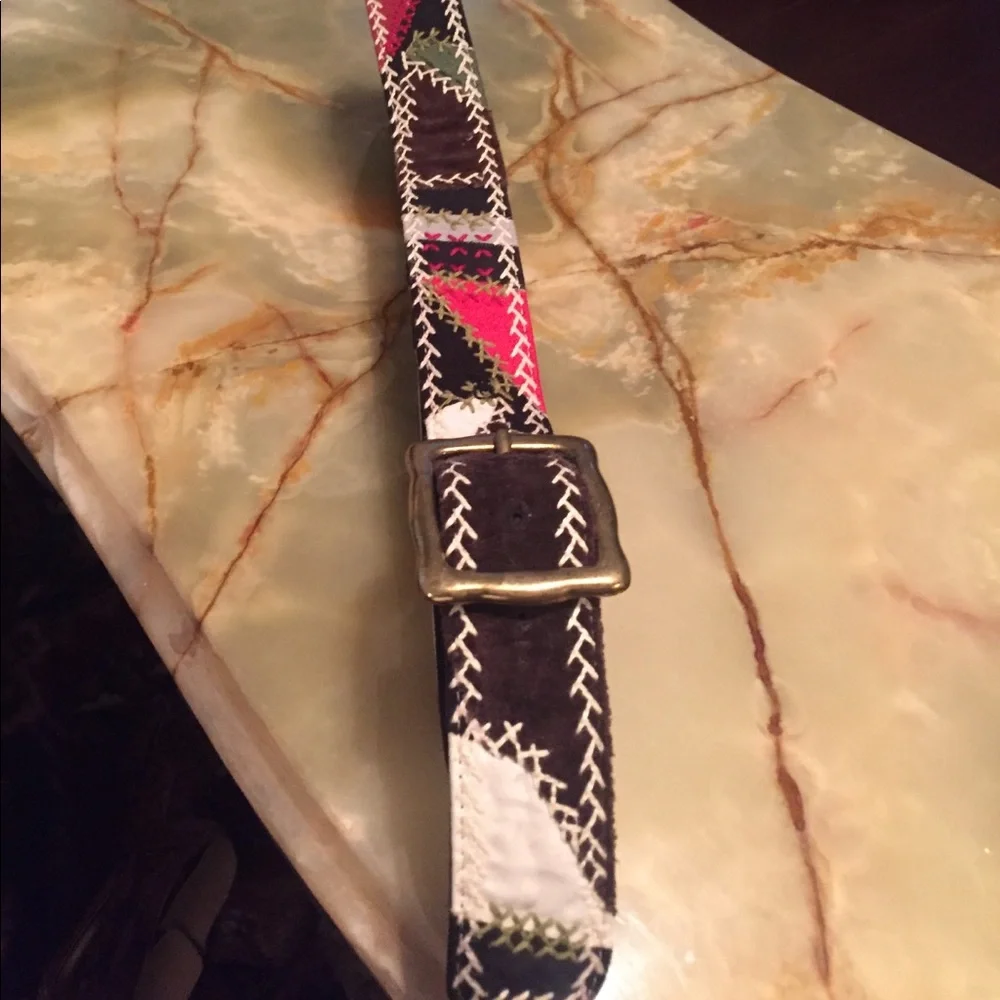 Lucky Brand Brown Patchwork Embroidered Belt with Red and Cream Accents